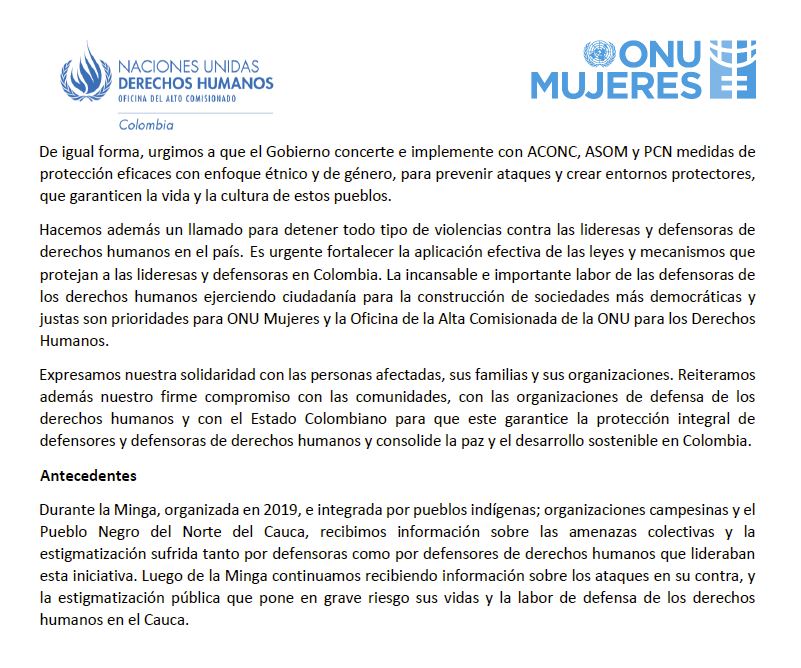ONU Mujeres y <a href="/ONUHumanRights/">ONU Derechos Humanos Colombia</a> condenan atentado contra defensoras y defensores de DDHH en el Cauca. Expresamos nuestra solidaridad y hacemos un llamado para que se avance en las investigaciones y se ponga fin a la impunidad. #NiUnaMas #NiUnaMenos Más info: bit.ly/2J5WkvJ