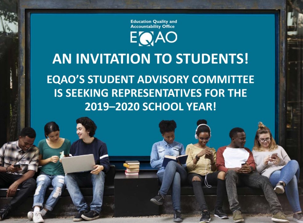 .<a href="/eqao/">EQAO</a> is looking for students between Grades 7 and 12, during the next school year, from across Ontario to join their Student Advisory Committee. This is a great opportunity to provide feedback student voice.

Send them your application by May 10: bit.ly/ESAC2019-20app