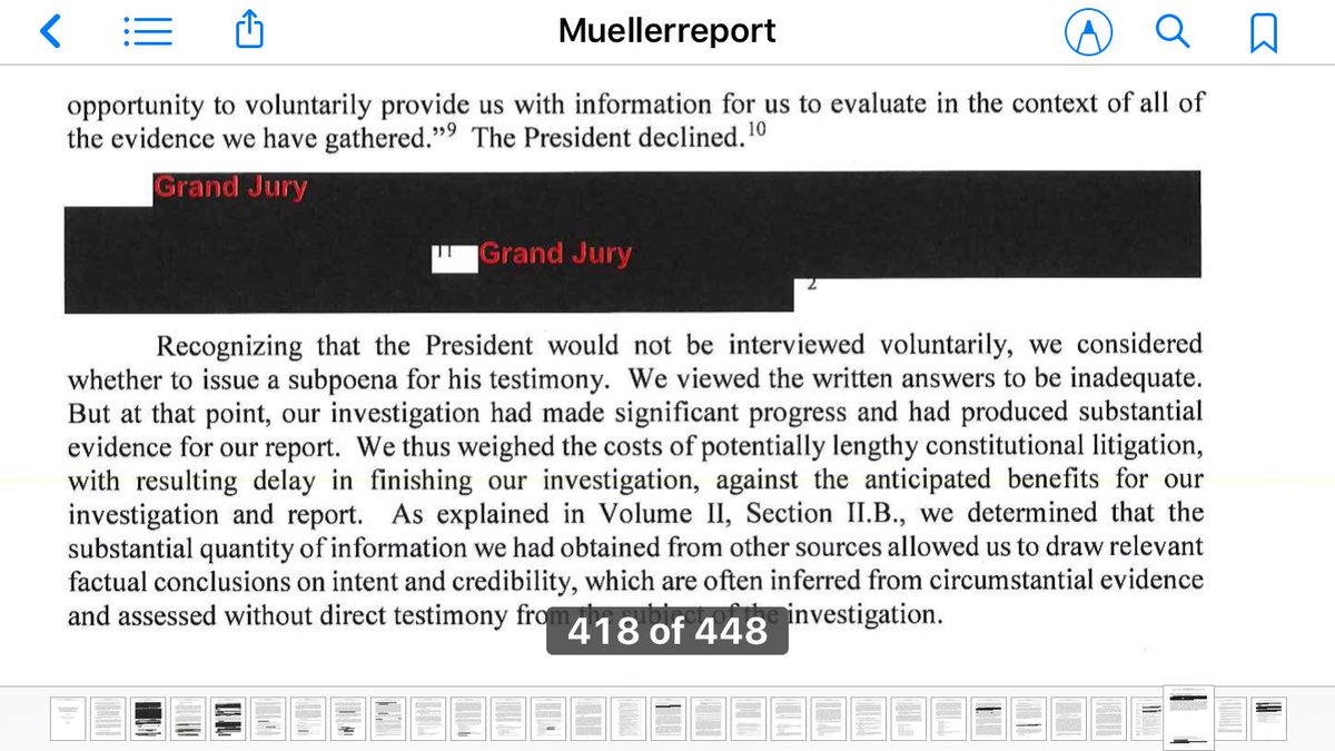 89. More from pg 418 & 431:Mueller doesn’t subpoena Trump to avoid lengthy litigation and cuz he already has facts of obstruction. (I feel SCO should have subpoenaed him to witness froth of lies). Trump writes Putin made “complimentary statements about me”Perspective: Go gurl