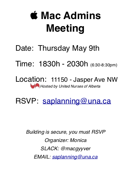MacDeploy's tweet photo. Two Alberta Meetups this week!

Calgary: Wed. @ 6:00 p.m., New Central Library, Idea Lab

Edmonton: Thu. @ 6:30 p.m., UNA office (11150 Jasper Ave);
RSVP requested (@Macgyyver or saplanning@una.ca)

Both are free to attend. #MacAdmins #yyc #yeg https://t.co/bkQJgdZdJx
