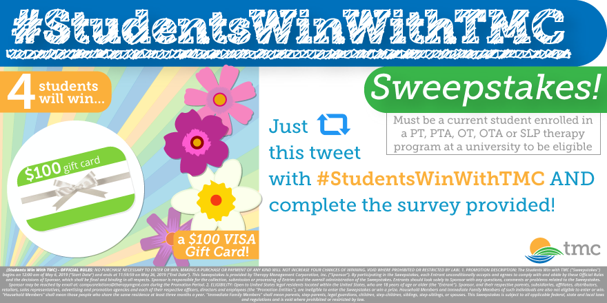 TherapyMgmt's tweet photo. We know it's been a while, but our May #StudentsWinWithTMC Sweepstakes is here! Just RT this tweet AND take this survey: https://t.co/D7n0RcAbls for a chance to win a $100 VISA Gift Card! Official rules here: https://t.co/21fK7g88OO https://t.co/qz0RT97Ysc