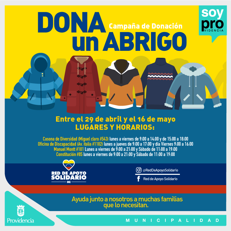 Muni_provi's tweet photo. ROPERO SOLIDARIO: DONA UN ABRIGO🧥🧤 Necesitamos ABRIGOS, POLERONES, CHAQUETAS y SWEATER de TODAS las tallas y en buen estado. Si tienes alguno, acércate a cualquiera de las direcciones que aparecen acá. 🔴(SOLO SE RECIBIRÁ LO MENCIONADO, NO PANTALONES Y OTRO TIPO DE ROPA)🔴. https://t.co/lmE9QskQs3