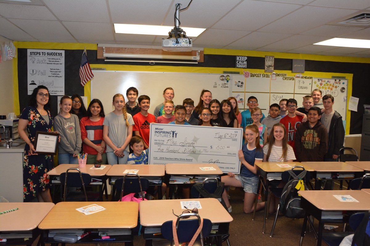 PascoSD1's tweet photo. Check this out! Managers from Mister Car Wash stopped by Maribel Smith's 6th grade classroom at McClintock STEM Elementary today to surprise her with a $500 check for classroom supplies. Several customers nominated Mrs. Smith for the "Teachers Who Shine" award.

#PROUDofPASCO https://t.co/GZIEx8yKJB