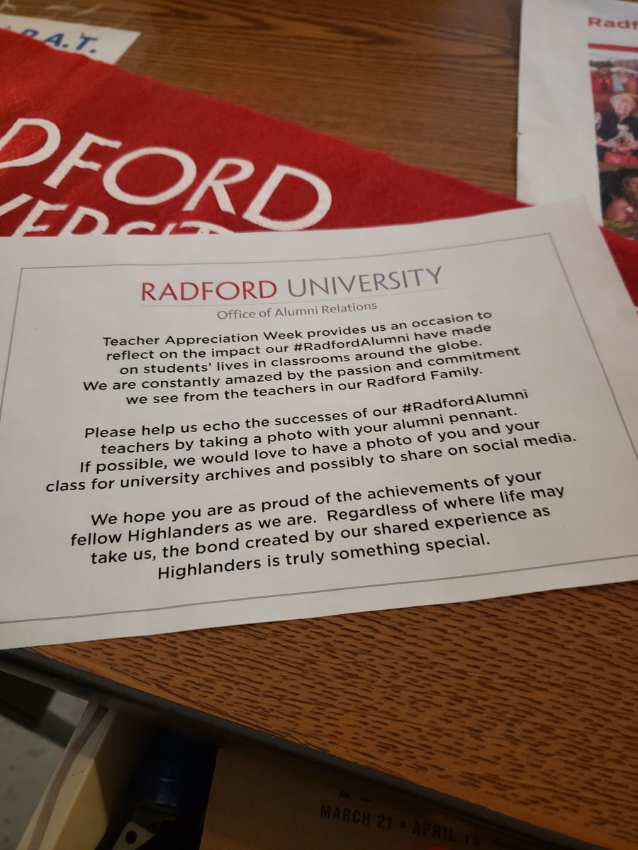 Teacher Appreciation week is always special...but this year I feel extra loved because of the recognition from my alma mater- Radford University @radfordu @radforduni2020 #RadfordAlumni #Radford #RU #highlanders @SterlingMiddle1 @principalgusm @BarhamElena @Mr_S_Pickering