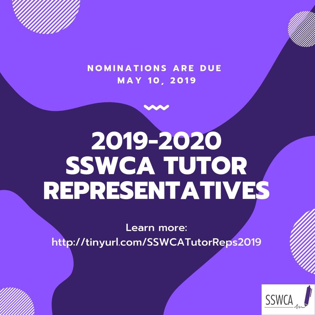 SSWCA's tweet image. FIVE DAYS LEFT! Applications for one of 2 open open student representative positions on the SSWCA Executive Board are due Friday. The elected representatives will serve a term from 6/1/19 to 5/31/20.  Any current peer tutor at a SSWCA member school is eligible to apply.