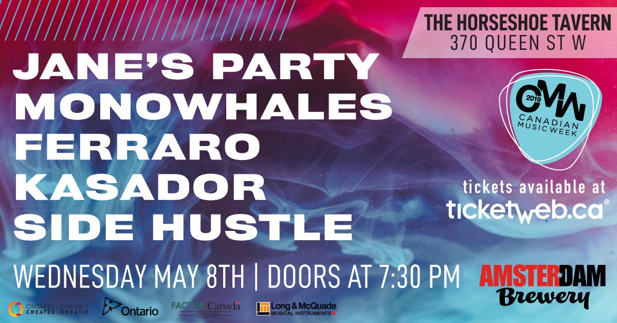 We are playing @HorseshoeTavern this Wed, May 8th with friends @JanesPartyBand, @FERRAROBAND and @KasadorBand for Canadian Music Week. TIX: bit.ly/2PDBap0  #monowhales #cmw2019 @CMW_Week