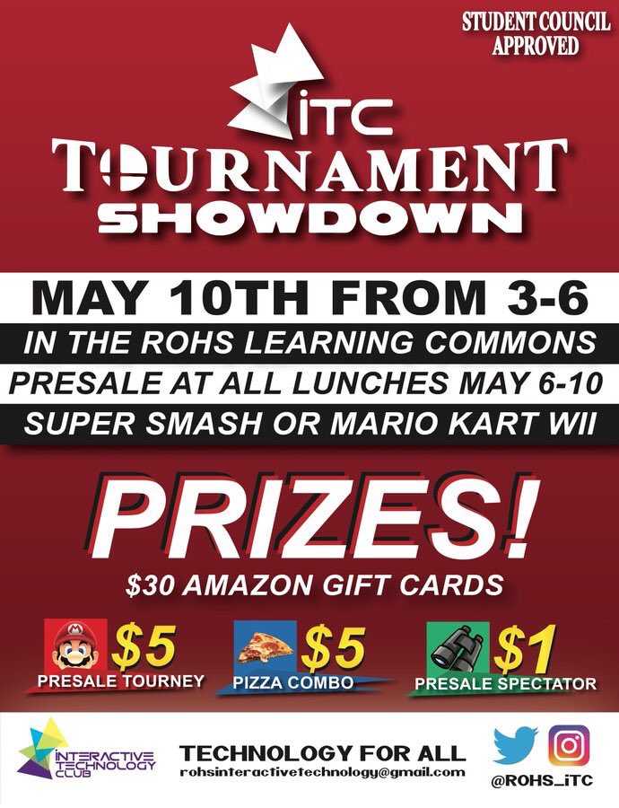 ROHS_Reimold's tweet photo. This FRIDAY! 3-6pm in the LC
.
Tickets go on sale tomorrow during lunch!
.
Mario Kart OR Super Smash!
.
Prizes. @MarcosPizza 🍕🍕🍕. Bragging rights. 😄
.
Who will be the winner?!? 
#rohsitc #tournament #marcospizza https://t.co/Nm5nud9TUo