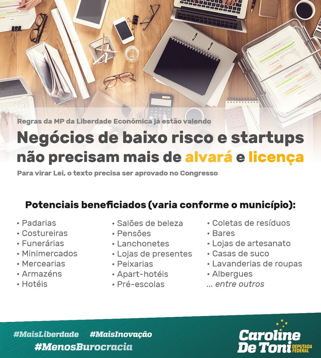 CarolDeToni's tweet photo. As regras da MP da Liberdade Econômica já estão valendo. Acompanhe a nossa série de postagens que esclarecem todos os pontos da medida. Votarei a favor da MP, pois ela veio facilitar e simplificar a vida dos brasileiros. #menosestado #menosburocracia #maisliberdade https://t.co/TOfmUfRqZm