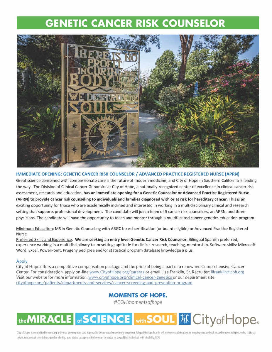 City of Hope is looking for a #geneticcounselor in #Genomics for Cancer Risk assesment. Please apply on line if you are interested, or IM me for more information. @cityofhopejobs #momentsofhope