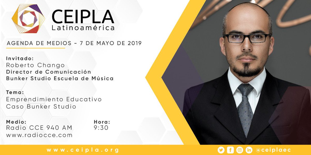 ceipla_latam's tweet photo. Mañana en #Ejes nos visitará Roberto Chango, director de comunicación de la Academia de Música #BunkerStudio .🎹 Trataremos a la educación musical como un emprendimiento.
Escúchanos:
📻 @radiocce 940 AM
💻 https://t.co/cfT6YKyp4d
#CeiplaMedios #EmprendeProduce #Ecuador https://t.co/Ots0v2pYJT