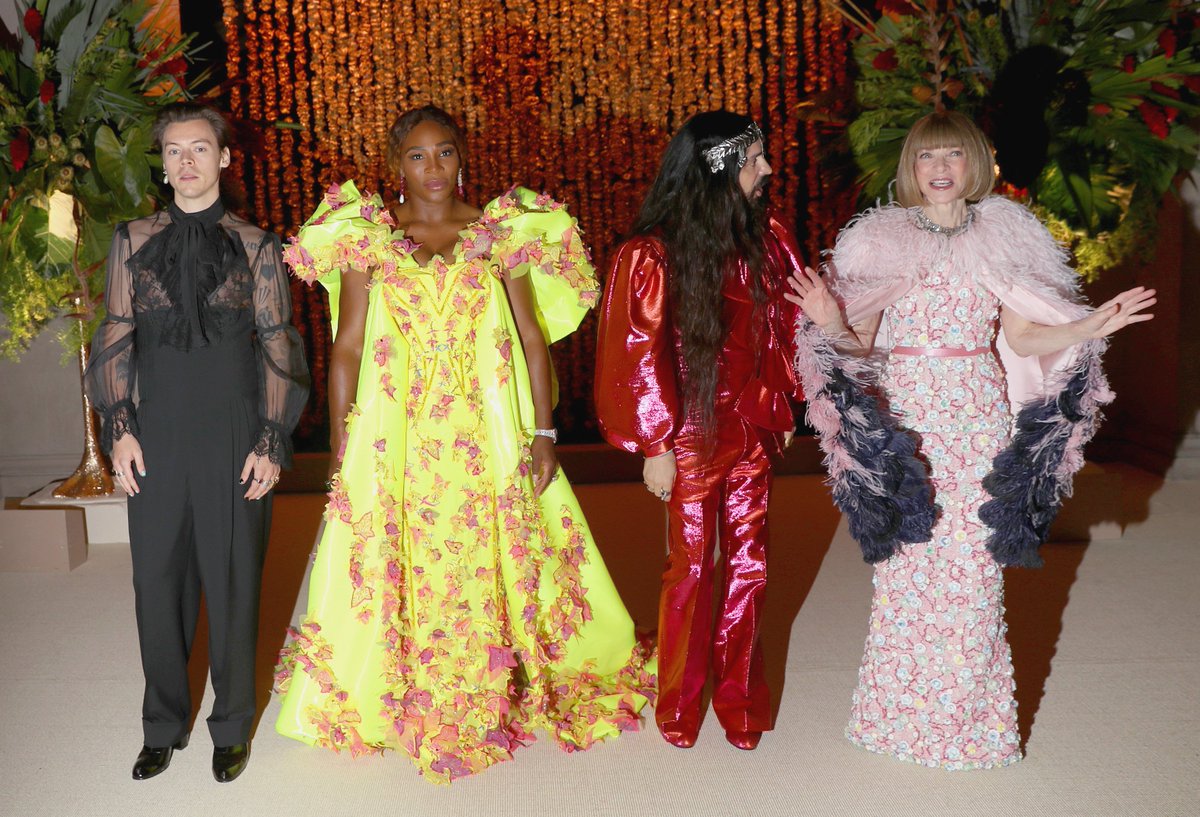 hsdaily's tweet photo. Co-chairs of the 2019 #METGala: Notes on Camp - Harry Styles, Serena Williams, Alessandro Michele and Anna Wintour. https://t.co/62kjYzyX07