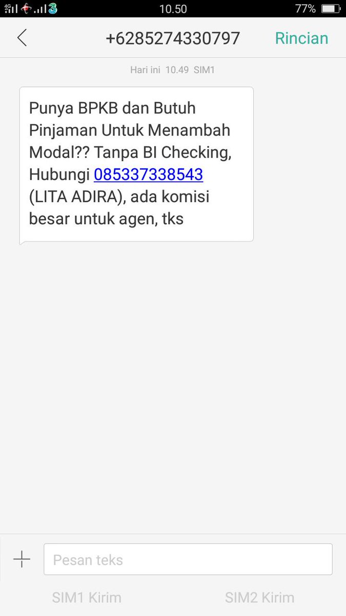 utamabrata's tweet photo. @aduanBRTI @Telkomsel 

Spam yg masuk ke halo saya.

Isi SMS : "Ada komisi besar buat agen"

Apakah AduanBRTI dan Telkomsel sdh jadi agen ?
😂😂

Pakai NIK, KK siapa ?
Atau SMS ini dikirin tanpa perlu NIK, KK

Pengirim : 085274330797
Berita : lita adira, 085337338543

😀😀😀 https://t.co/Ri72OqiTLf