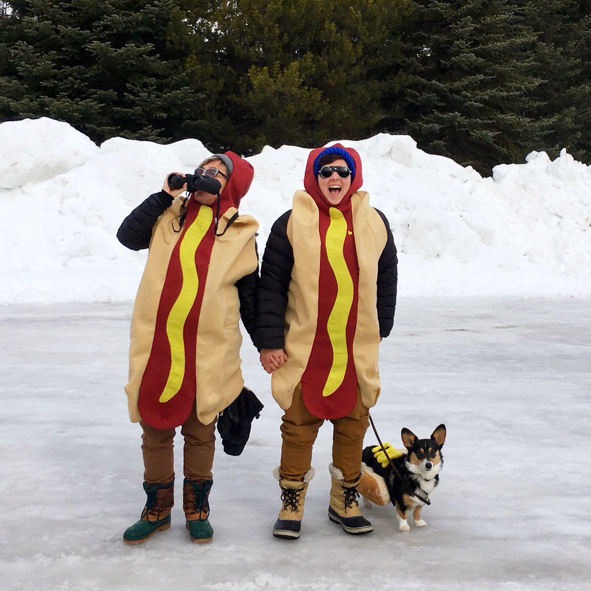 leahgregg's tweet photo. Whenever we travel, my awesome wife and I take photos in hotdog costumes and send them to my Grandma to make her smile. Sometimes our wee fur baby #misocorgi joins in on the fun. Here's a few to make you smile too! #hotdogswerehere https://t.co/7O02Mq398L