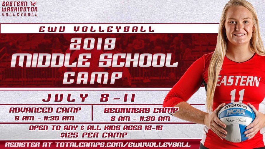 Are you a Middle School student looking to improve your 🏐 skills or are you looking to learn the basics in a fun and interactive environment? 

Come to our 2019 EWU Volleyball Middle School Camp on July 8-11 in Cheney!!! Registration is open at TotalCamps.com/EWUVolleyball

#GoEags