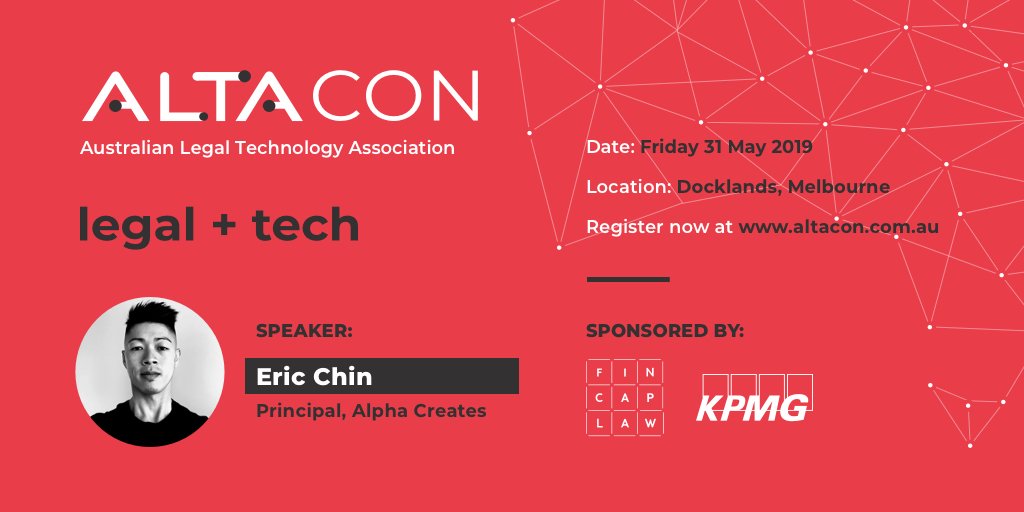 ALTA - Australian Legal Technology Association (@altadotlaw) on Twitter photo Eric Chin is a Principal at <a href="/AlphaCreating/">Alpha Creates</a>. He is a Strategy Consultant who works with businesses in the legal industry. At ALTACON, Eric will be sharing his research on LegalTech firms in the Australian market. #ALTACON bit.ly/2GS8g0t Eric Chin is a Principal at <a href="/AlphaCreating/">Alpha Creates</a>. He is a Strategy Consultant who works with businesses in the legal industry. At ALTACON, Eric will be sharing his research on LegalTech firms in the Australian market. #ALTACON bit.ly/2GS8g0t