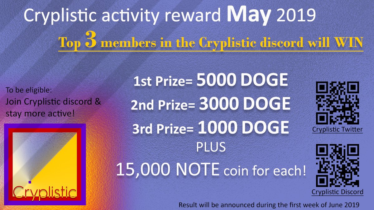 Cryplistic's tweet image. ⭐️Announcement⭐️
#Cryplistic activity reward May 2019

Total prize=9,000 DOGE
+45k NOTE coin

Top 3 members will be announced in the first week of June @Cryplistic discord.

To enter:
Join Cryplistic discord&amp;gt; discord.gg/Qu27GfQ
&amp;amp; Stay more active!

#Giveaway #Bounty