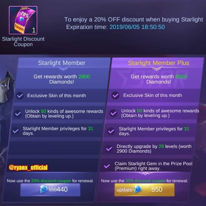 ml_leaks's tweet photo. Starlight 20% OFF Discount Coupon 

#MobileLegends #ML_Leaks
Credits. @ryanx_official https://t.co/qD9BNjejay