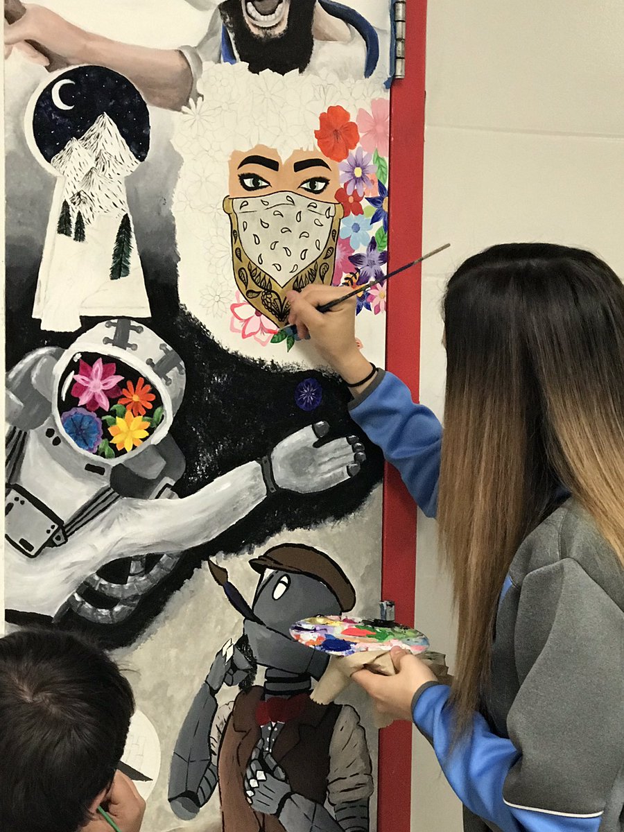 JCDArtClub's tweet photo. #advanced2d art students working on the #door #mural today. Getting a little father each day! #jcdpride #cantfitmanypeopleatthedoortopaint https://t.co/EmQzN9Cp7O