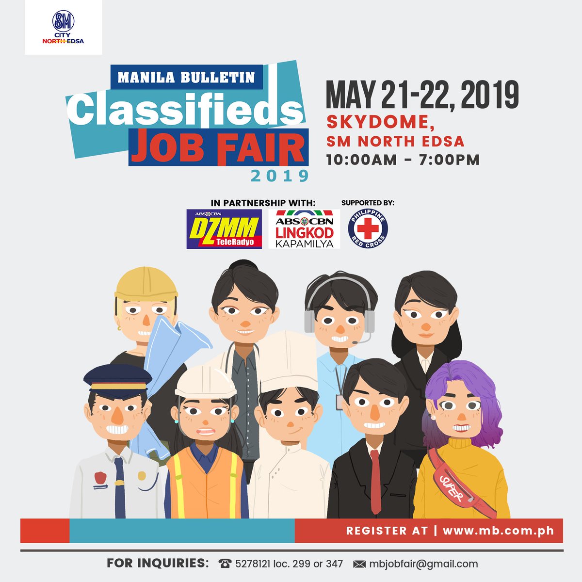 manilabulletin's tweet photo. Land on your dream job at the #MBJobFair on May 21-22, 2019 at the Skydome, SM North EDSA, Quezon City. Gates open from 10AM to 7PM.

See you there! https://t.co/ObFxafs5kB