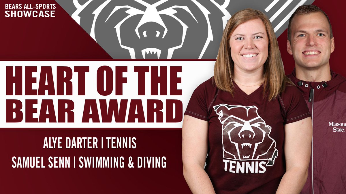MissouriStBears's tweet photo. The 2019 Heart of the Bear Award goes to @MoStateSwim’s Samuel Senn and @msubearstennis’ Alye Darter. #BearsShowcase #MSUBears 🐻❤️ https://t.co/A2LqDNtc0e