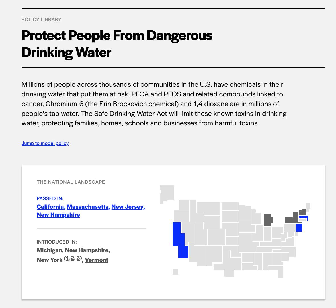 Protect People From Dangerous Drinking Water, a Future Now model bill.