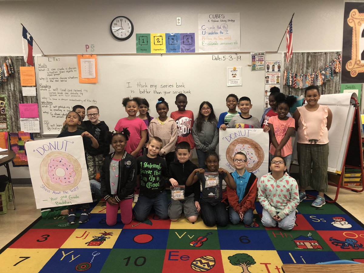 Mrsdsmith3's tweet photo. “Donut” Stress about the test!  We love our third graders!! #PVLionpride #staarready #donutstress https://t.co/SFOtFztxaf