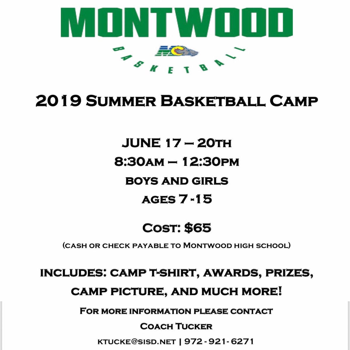 MontwoodHoops's tweet photo. Montwood Summer Basketball Camp
Campers will receive a Camp T-Shirt, Camp Picture, Awards, and Prizes !
Free lunch for campers on Final Day of camp ! (Pizza &amp; Drink)
For more information feel free to contact Coach Tucker by email or phone #MontwoodHoops🏀 https://t.co/O3erOX2u1q
