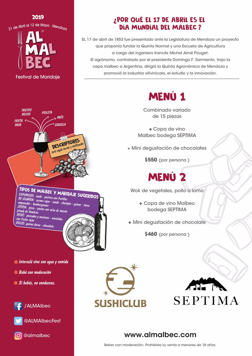 ALMAlbecFest's tweet photo. Menú #ALMAlbec de @SushiClub_mza junto a @BODEGASEPTIMA 🍷🍴
Reservá a través de https://t.co/1HXMjdeo2A … o desde la app de @GuiaMendozaGour
#TeInvitamosALMAlbec #MalbecWorldDay https://t.co/Y3MkGtrBV8