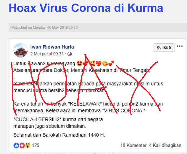 anjarisme's tweet photo. Hoax Virus Corona di Kurma https://t.co/TY5lBlVt8a

HOAKS : Kurma mengandung virus corona yg dibawa kelelawar.

FAKTA: Corona virus ditularkan lewat udara. WHO tidak keluarkan peringatan tentang kontaminasi virus corona melalui kelelawar

#antihoakskesehatan
#ahoaks https://t.co/VSeTnRZTlE