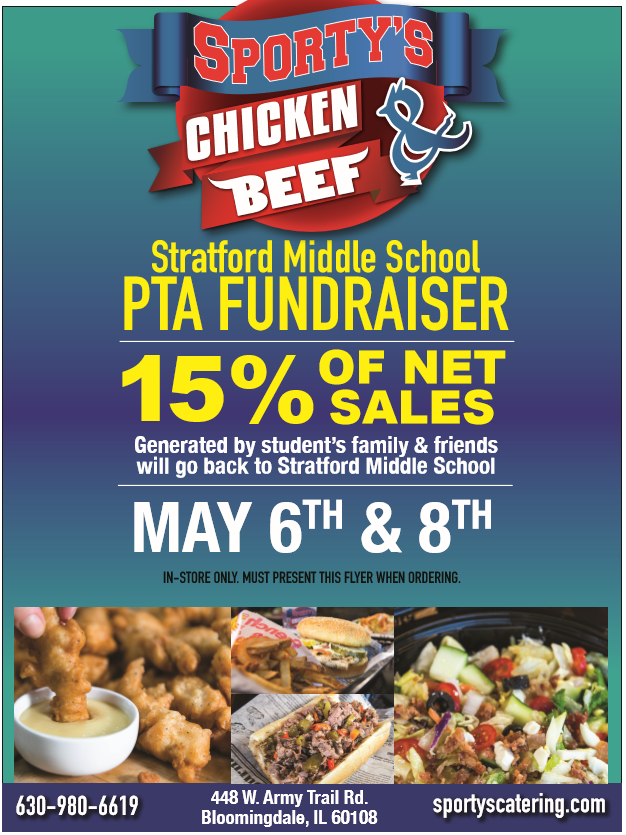 MiddlePta's tweet photo. Stratford Middle School PTA’s last fundraiser for the year is at Sporty’s Chicken &amp; Beef. Show/Present the flyer on May 6th or May 8th, and our PTA will receive 15% of the net sales. . Help us help your students! Thank you! https://t.co/Kt6TaEGPRO