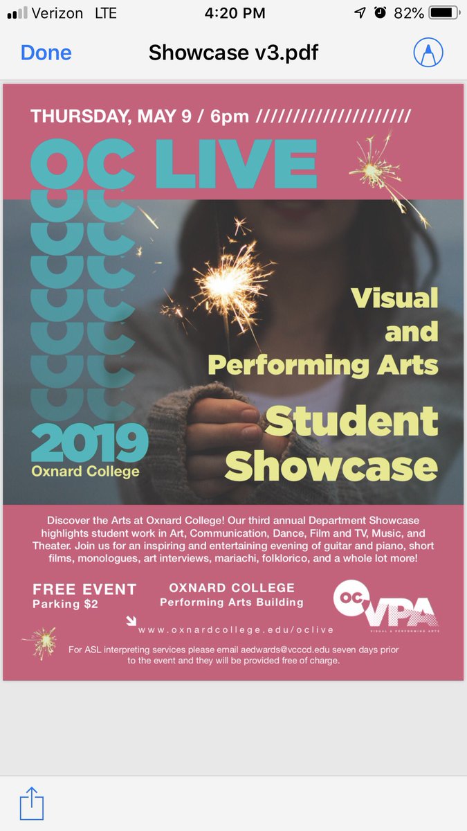 ProfAmyEdwards's tweet photo. .@CityofOxnard and @OxnardCollege Please join us Thurs. 6pm for our Visual &amp; Performing Arts Showcase #inreallife We are #OC We are #LIVE. We are #FREE. @vcstar @OfficialVCCCD #supportthearts https://t.co/Dx1q9KC9Jm