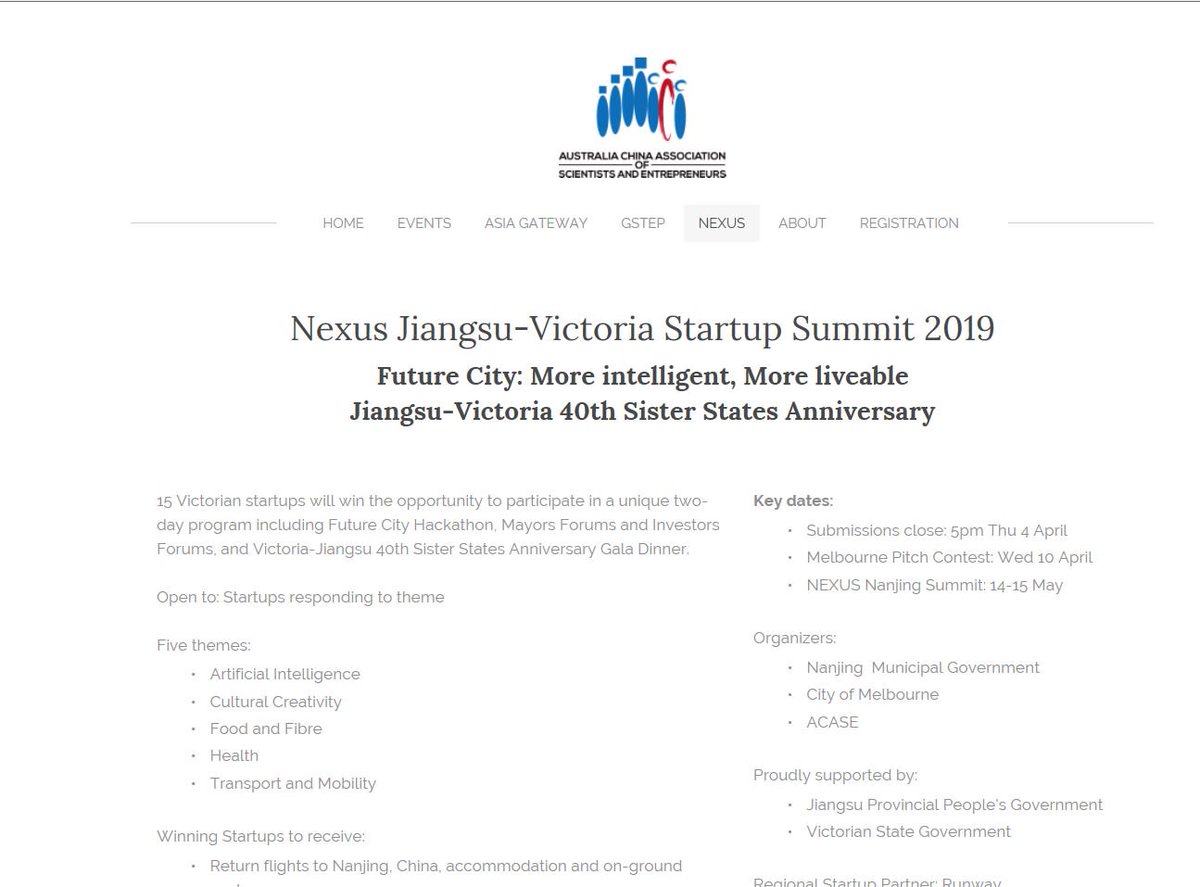 Australia: Nexus Jiangsu-Victoria Startup Summit 2019 in Nanjing and smart city program co-sponsored by Australia-Based United Front academic body Australia China Association of Scientists and Entrepreneurs 澳中科学家创业协会 http://www.acase.org.au/nexus.html  http://www.acase.org.au/mwg-internal/de5fs23hu73ds/progress?id=wvop7s0IgxOXVGC1MPg2FPv6mtNrDP1MamVOHmeJdsU,