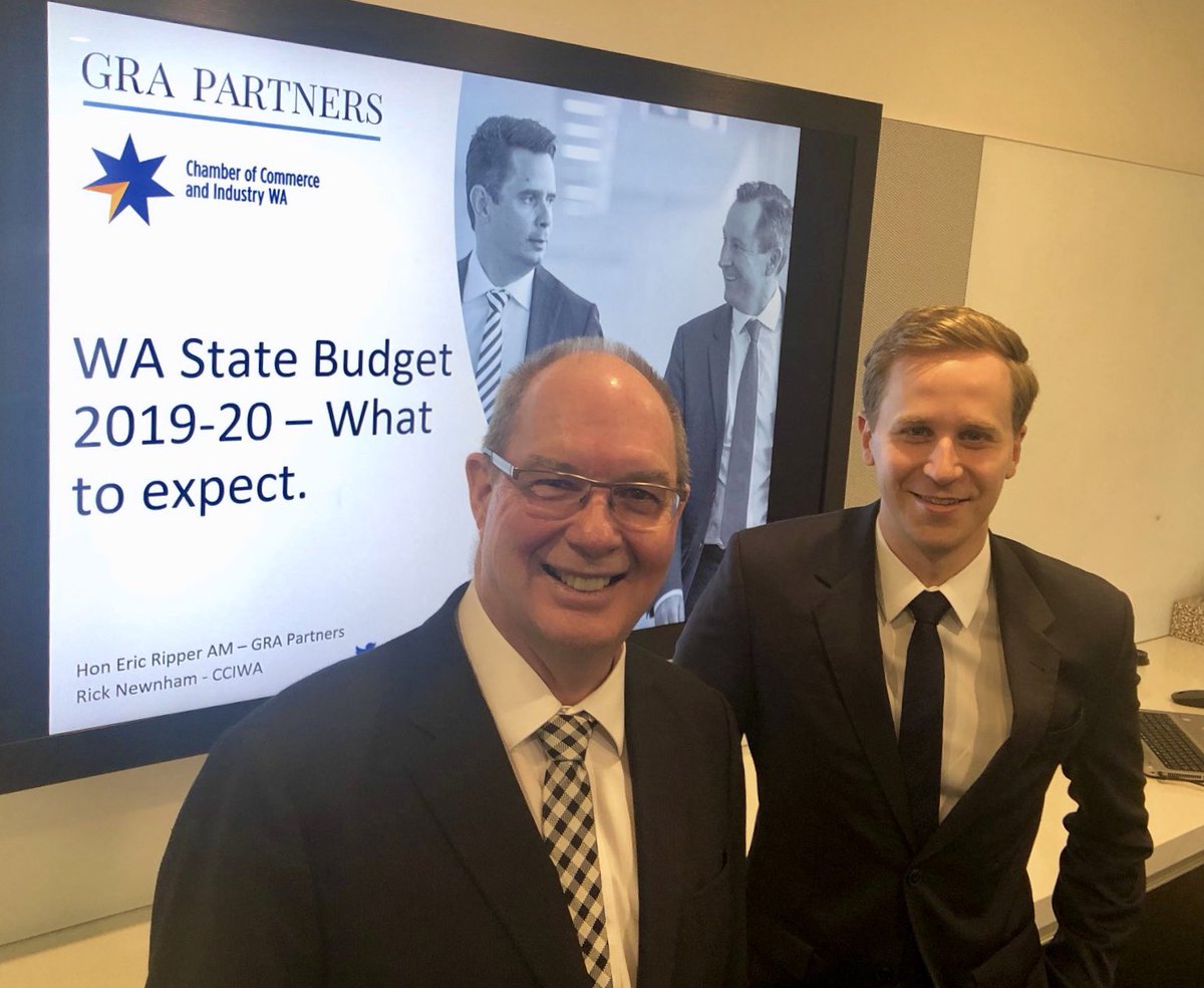 RickNewnham's tweet photo. Great to discuss the coming budget with former Treasurer @EricSRipper and @CCI_WA members at GRA Partners. #wapol https://t.co/R5V2QWdwf9