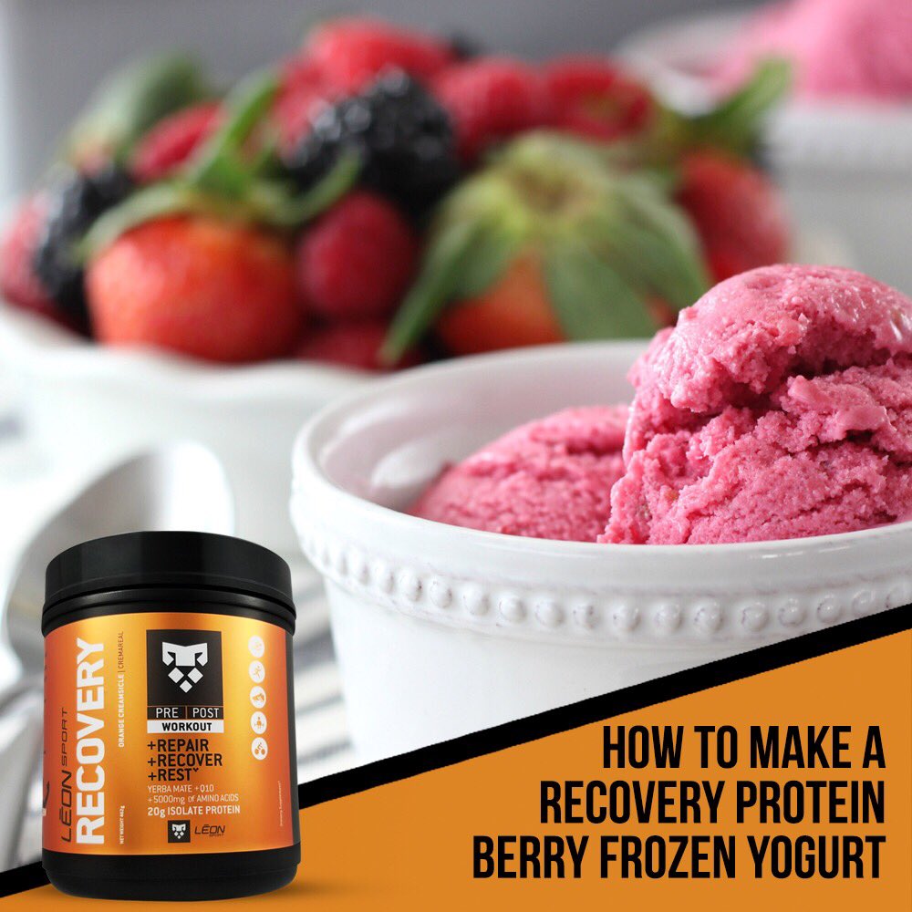 LEONSPORTbrand's tweet photo. Here's a sweet and refreshing recipe to give your #RECOVERY a twist.

Ingredients:
- 3 Cups Frozen strawberries
- 1 Cup Frozen raspberries
- 1 Cup Vanilla Greek yogurt
- 1 Scoop Recovery
- 2 Table spoons of Honey https://t.co/AgzJekGROC