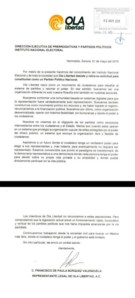 ola_lib's tweet photo. Hoy informamos al INE que desistimos del propósito de constituirnos como partido político.
Las regulaciones impuestas nos habrían impedido desarrollarnos como la organización libre y descentralizada que aspiramos a ser.
Es por ello que Ola Libertad continuará...
(1 de 2) https://t.co/5YsmYXT1Vf