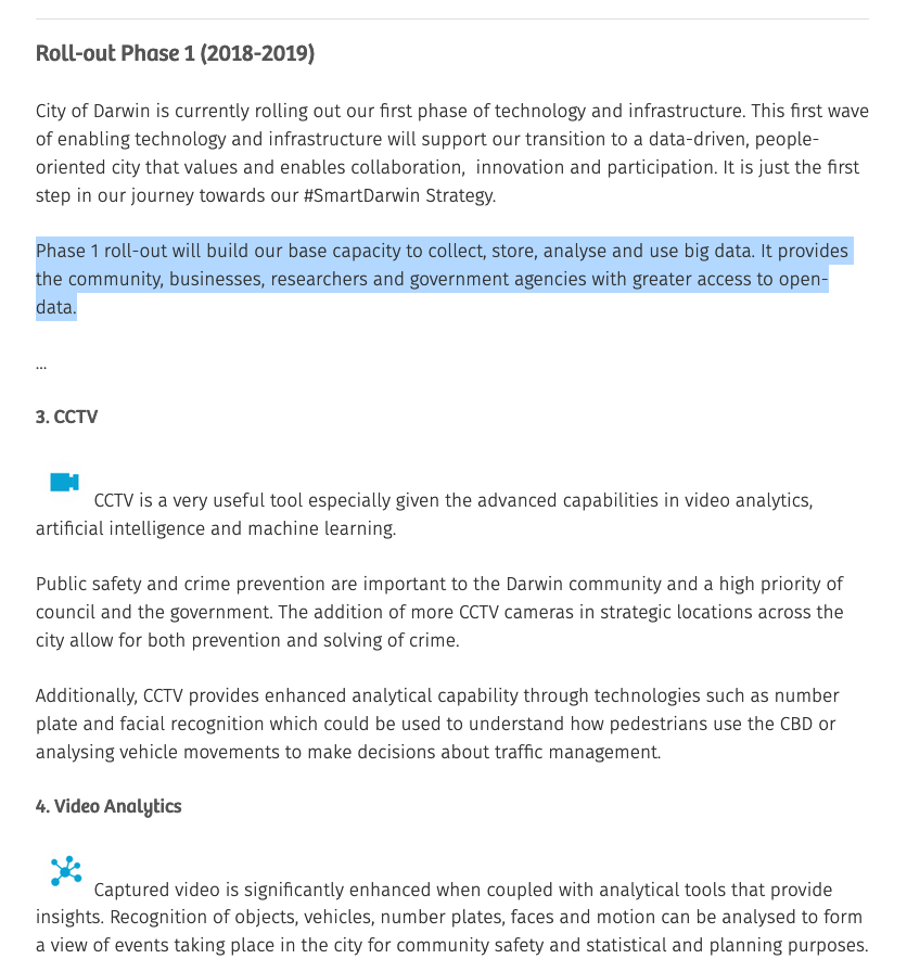 netweb's tweet photo. @cityofdarwin Again, bullshit, the "3. CCTV" and "4. Video Analytics" sections I highlighted above are NOT being used as you describe, they are included in the "Roll-out Phase 1 (2018-2019)" section or your strategy, this is what you ARE planning on rolling out this year #SmartDarwin #Privacy https://t.co/MorMNMVTCs