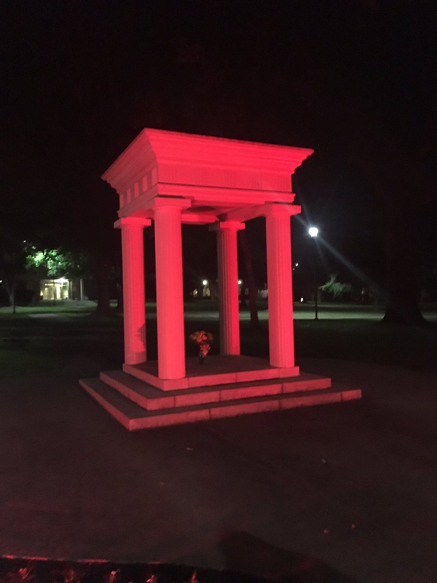 RealGlenJones's tweet photo. For the first time in our history, the @HendersonStateU Centurium is glowing red in memory of the Heart of Henderson - Ms. Mary Jo Mann. https://t.co/zvFrWqNvOd