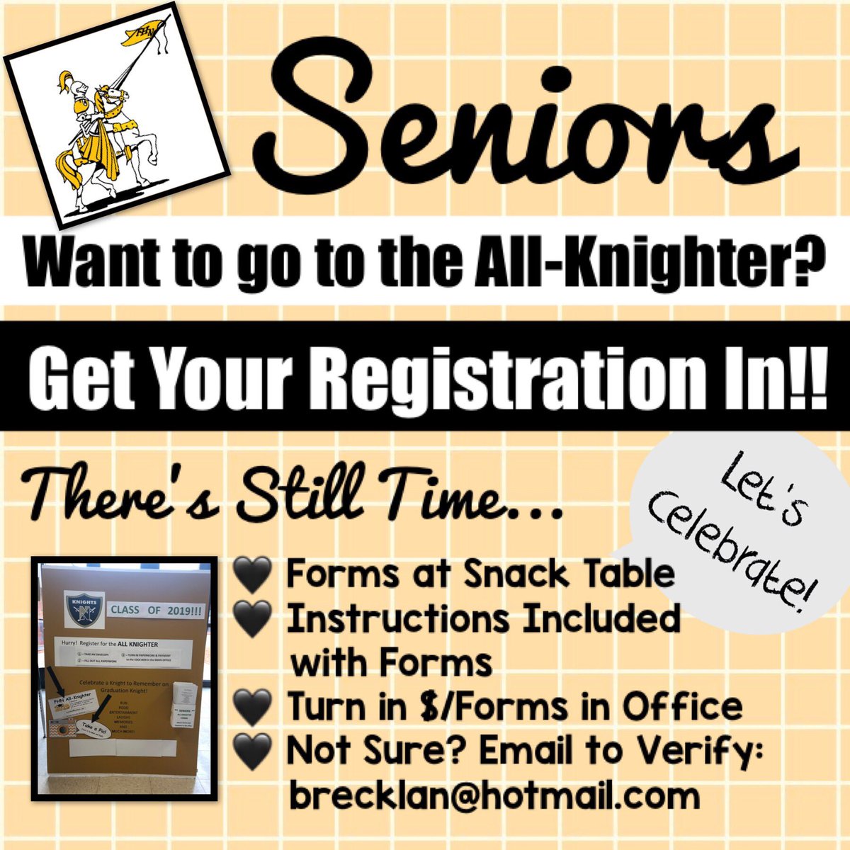FHN2019AK's tweet photo. OMG - May even still get same senior gift! If you haven’t yet, get your registration and payment IN! #noregrets #seniors2019 #fhnallknighter @FHNtoday @The_Goonies15 @StuCoFHN @FHN_Principal https://t.co/GCOV0yPFSG