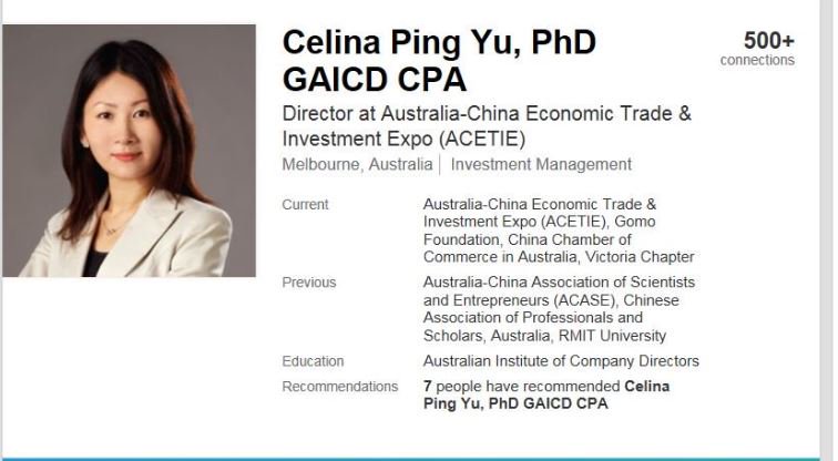 The other co-founder -- Founder and President -- of Australia-China Association of Scientists and Entrepreneurs ACASE 澳中科学家创业协会 is Dr Celina Ping YU 于 萍 http://www.acase.org.au/events/acase-organised-its-first-ip-forum& https://twitter.com/geoff_p_wade/status/1095177607925002240