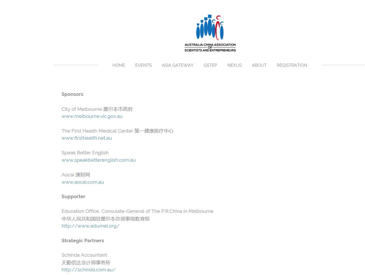 Australia: The City of Melbourne reportedly sponsors this United Front body Australia-China Association of Scientists and Entrepreneurs  澳中科学家创业协会, while the PRC Consulate in Melbourne only "supports" the body.  http://www.acase.org.au/partnership.html