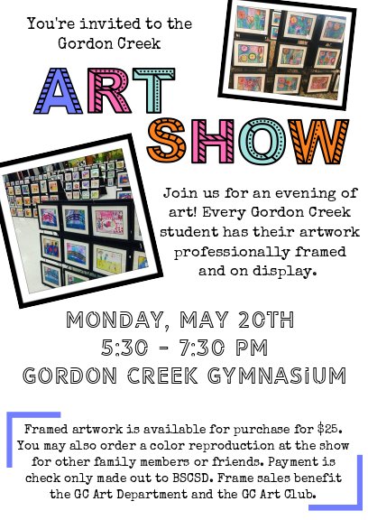 Join us for @GordonCreekElem 's biggest Art Show yet! Every single student will have their artwork on display and professionally framed! It's going to be a great evening celebrating arts in education! #bscsd #arteducation