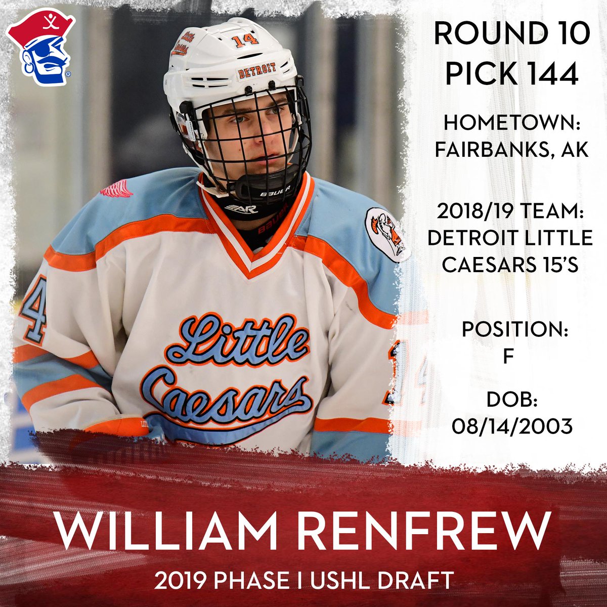 bucshockey's tweet photo. Round #10 | Pick #144, The Des Moines Buccaneers choose @Brenfrew14! Welcome to the Buccaneer Family, William! 
#BucsHockey #USHLDraft #USHL https://t.co/G2Fy4CrGDc