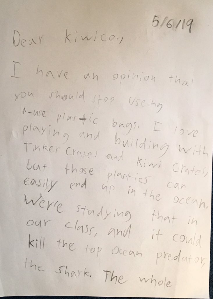 hannahbmerriman's tweet photo. My 3rd grade son loves #tinkercrates but is concerned about all the single-use plastic used in the packaging.  On his own, he decided to write a letter to @kiwico_inc to share his thoughts.  Shout out to his awesome teacher! #TeacherApprecationWeek https://t.co/WZXVXYhRxT