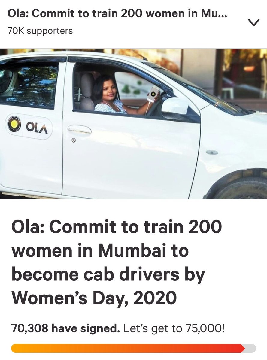 anushree_vaidya's tweet photo. Thank you to all the 70k of you who support this campaign & wish to travel in cabs driven by women.I hope @Olacabs @bhash @anandish would take a lead for the same and turn #sheOla into reality soon.
And if you haven't signed, click on link👇
https://t.co/UxzZ0c2t5Y
Sign & share https://t.co/ydFPFw9YDc
