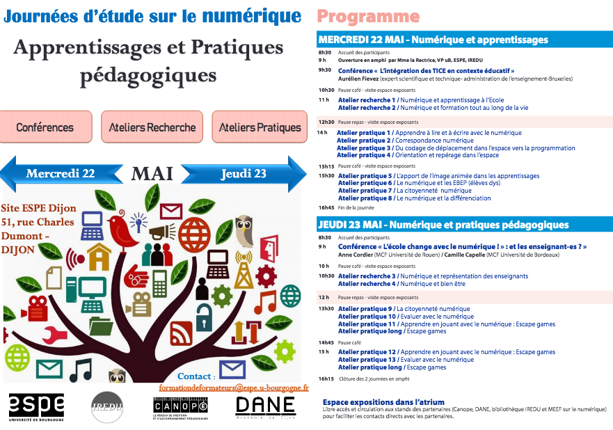 annecordier's tweet photo. Programme des Journées d'études sur le numérique "Apprentissages et pratiques pédagogiques" - @EspeBesancon - 22/23 mai 2019, Dijon - Ravie d'en être pour une communication avec C. Capelle ! @ReseauEspe - #Premices #ERisk https://t.co/MeMDOm1FEh https://t.co/AxESZMajGv