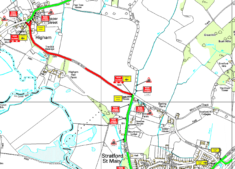 Suff_highways's tweet photo. Part of Higham Road, #Higham as pictured below is currently closed for emergency repairs. The road is due to be reopen from 3.30pm today, please follow the diversion. #SuffolkRepairs https://t.co/pzMtQdsXFF