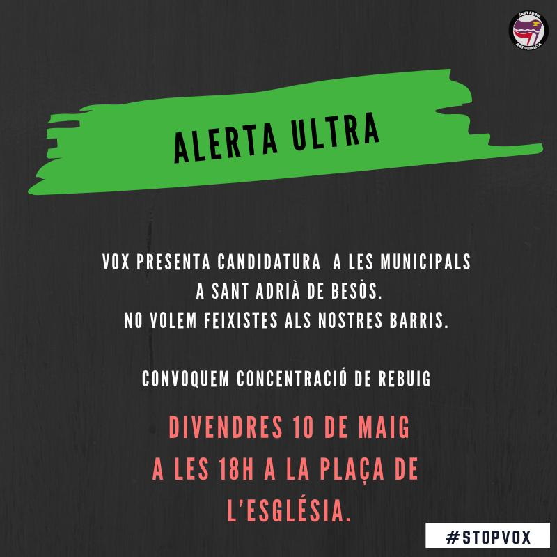 sanadriantifa's tweet photo. ATENCIÓ! Convoquem aquest DIVENDRES 10 a les 18h a la plaça de l'església de Sant Adrià.
SANT ADRIÀ ÉS I SERÀ ANTIFEIXISTA ✊ #stopvox https://t.co/mzyfDUbE4V