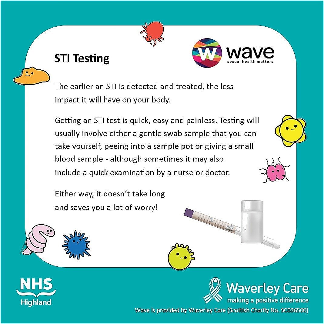 wavehighland's tweet image. If you are worried that you may have an STI, don't panic!

Testing is accurate from approx. 2 weeks after sex for Chlamydia &amp;amp; Gonorrhoea &amp;amp; starts at 4 weeks for blood borne viruses like HIV. ⁣⁣⁣
⁣
Visit wavehighland.com to find out more about STI testing in Highland.
