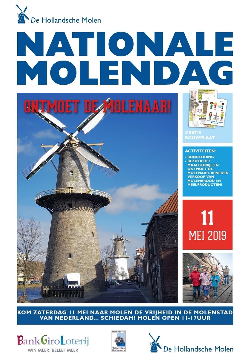 Zaterdag is het weer Nationale #Molendag. Wees welkom om een kijkje te nemen in het maalbedrijf, ontmoet molenaar <a href="/TheodeRooij85/">Theo de Rooij</a> en ervaar dat het vak van molenaar nog springlevend is! Beneden verkopen we allerlei heerlijke meel &amp; broodproducten #Schiedam deschiedamsemolens.nl
