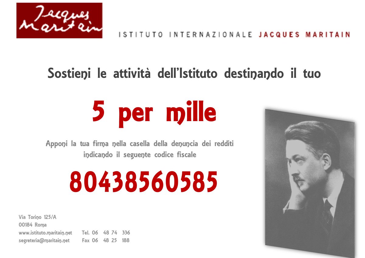 LuisaColangelo's tweet photo. Sostieni le attività dell'Istituto Internazionale Jacques Maritain destinando il tuo 5x1000.

Per informazioni e per consultare la guida rapida alla compilazione visita la sezione del sito dedicata:
https://t.co/ksefPSA3eL

@JacquesMaritai1 @CurcioGennaro https://t.co/N3EnJCAHcw